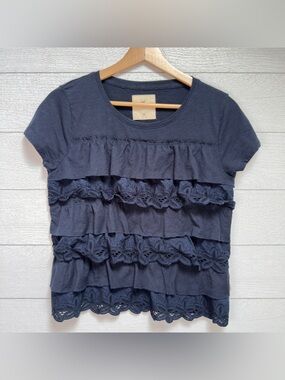 Hollister Navy Short Sleeve Ruffle & Lace Tiered Top